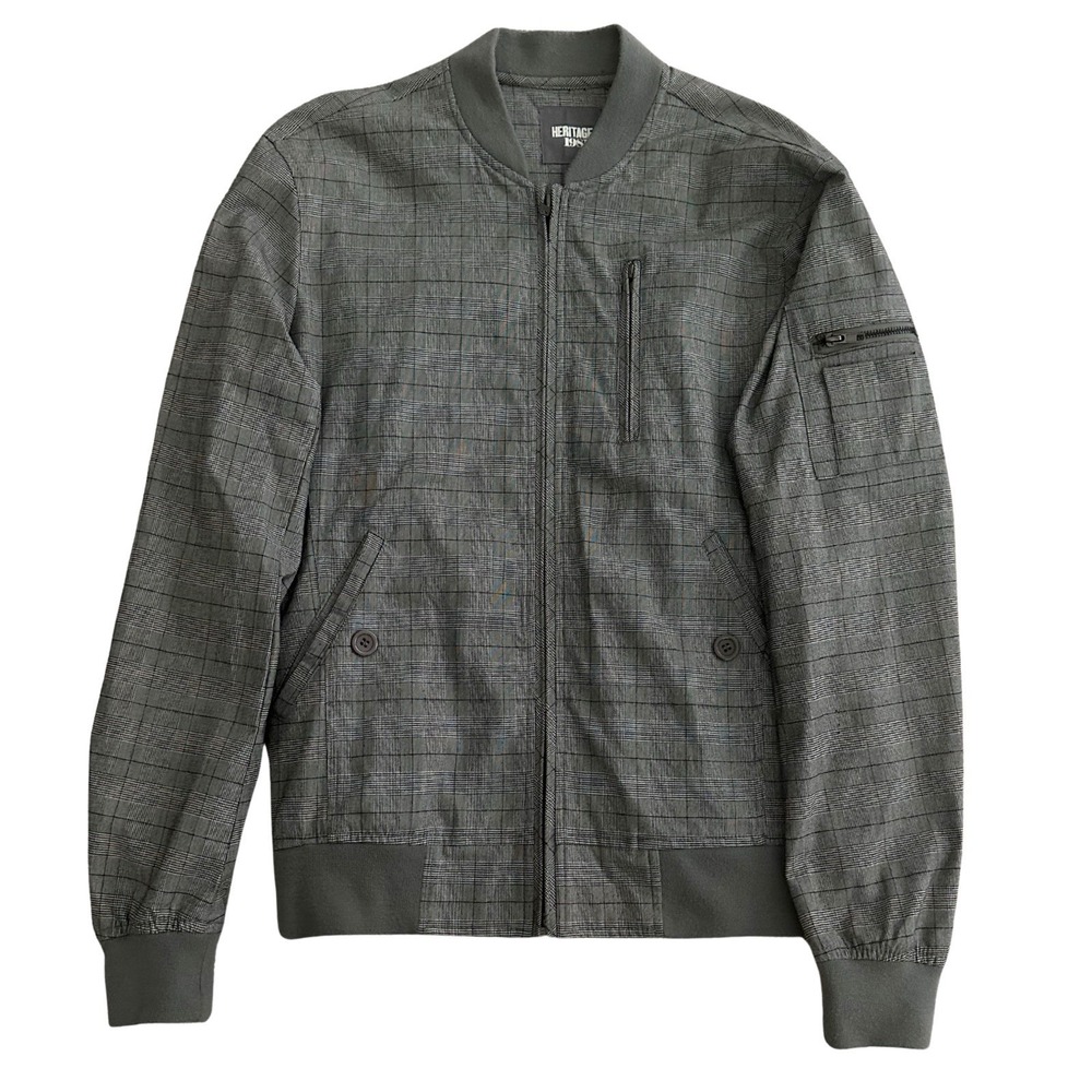 Heritage 1981 Bomber Jacket Mens L Gray Plaid Full Zip Flight Utility Pocket